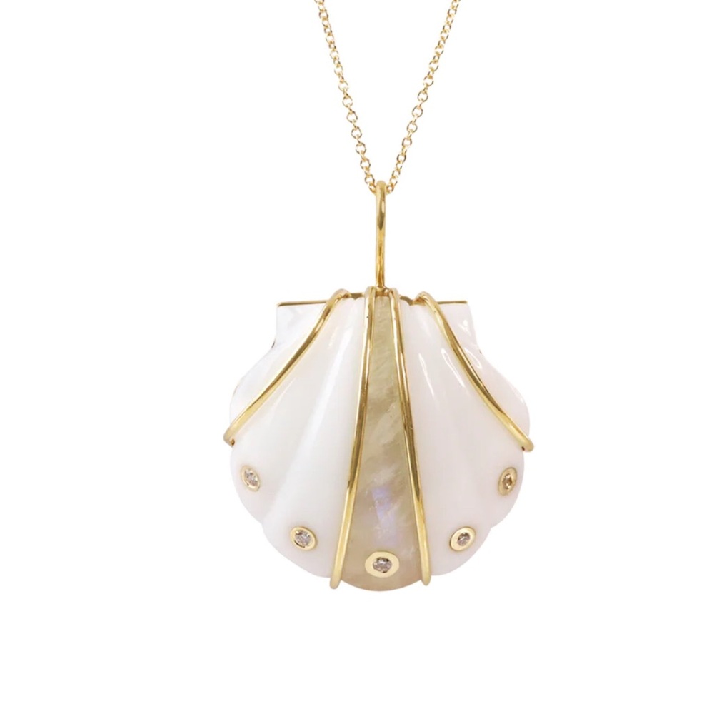 Contemporary Gold Plated Agate and Rainbow Moonstone Shell Pendant